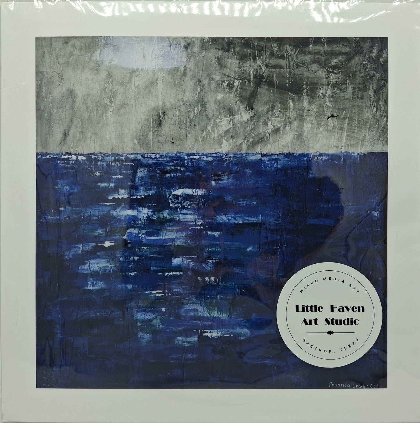 Print of abstract mixed media ocean with blue and gray tones by Little Haven Art Studio.