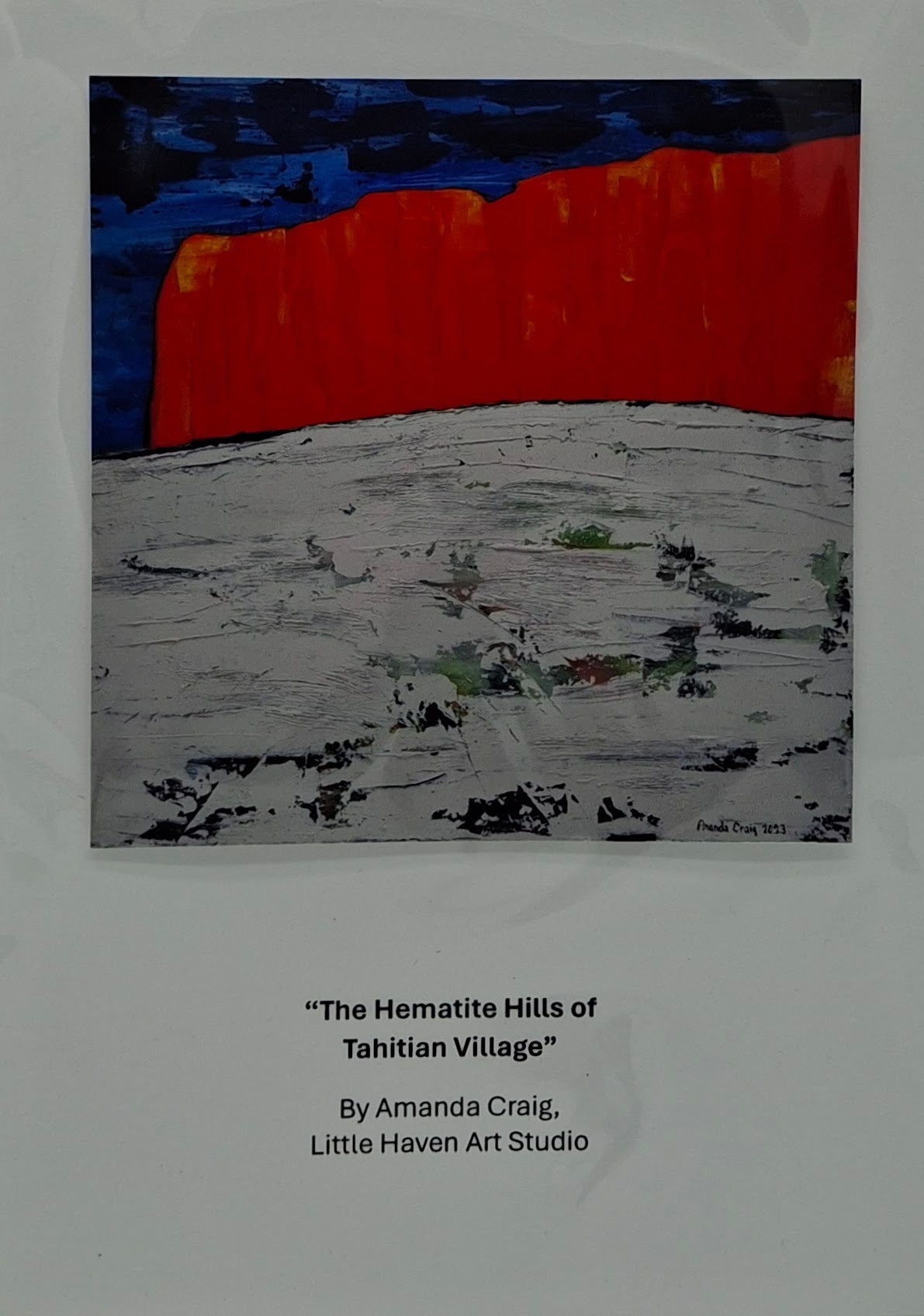 Print of mixed media art on card featuring red hill in Tahitian Village of Bastrop, TX by Amanda Craig, Little Haven Art Studio.