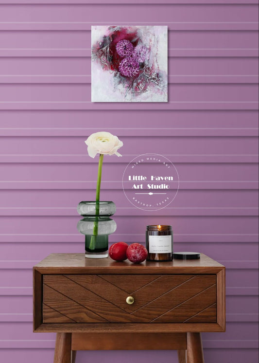 Original floral abstract realism mixed media art in purple room by Little Haven Art Studio in wine, berry, pink, white. By Amanda Craig.