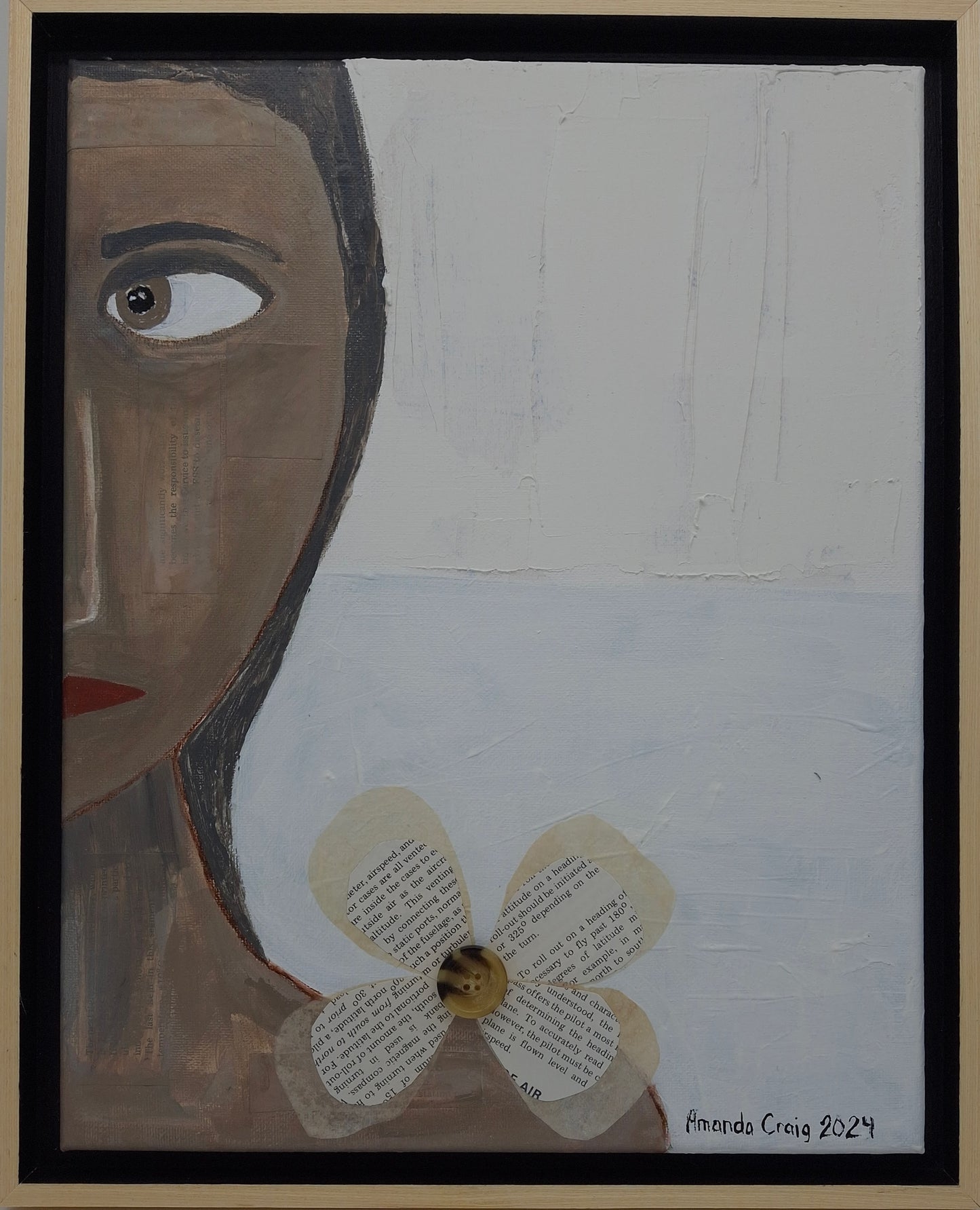 Original mixed media art depicting face with a flower collage and plaster elements. By Amanda Craig.
