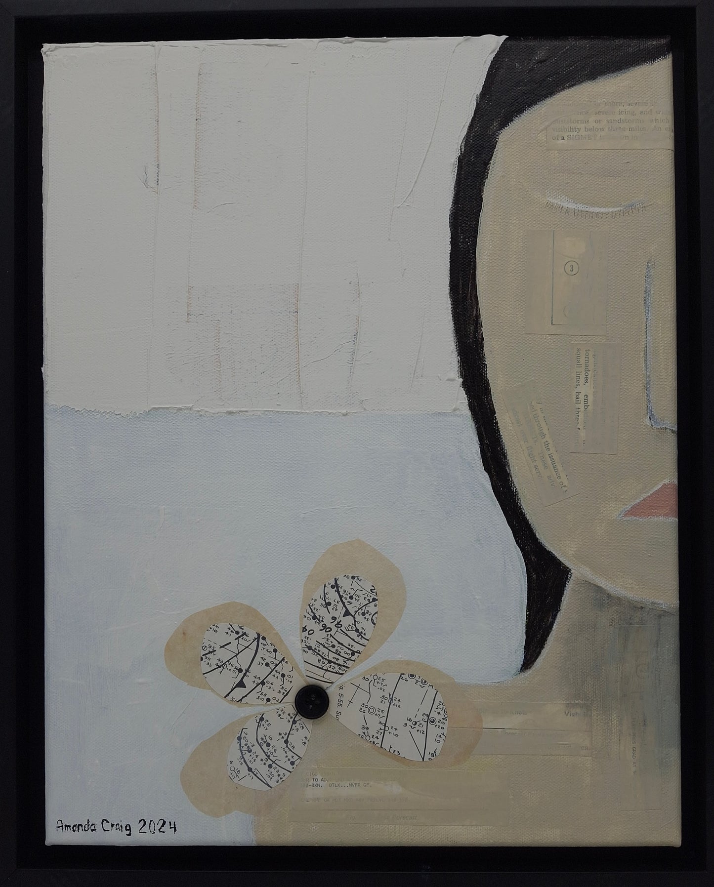 Original mixed media art depicting face with a flower collage and plaster elements. By Amanda Craig.