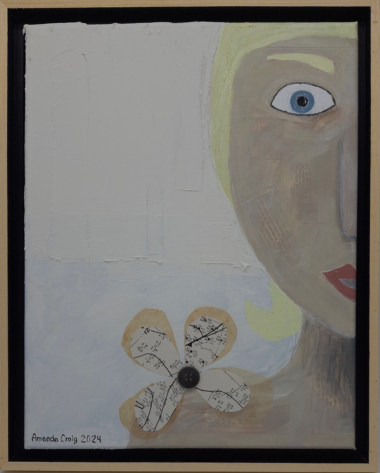Original mixed media art depicting face with a flower collage and plaster elements. By Amanda Craig.