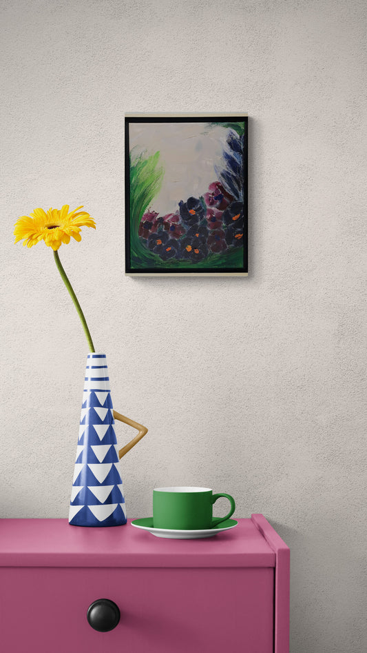 Original framed mixed media art of flowers in a field by Amanda Craig, Little Haven Art Studio.