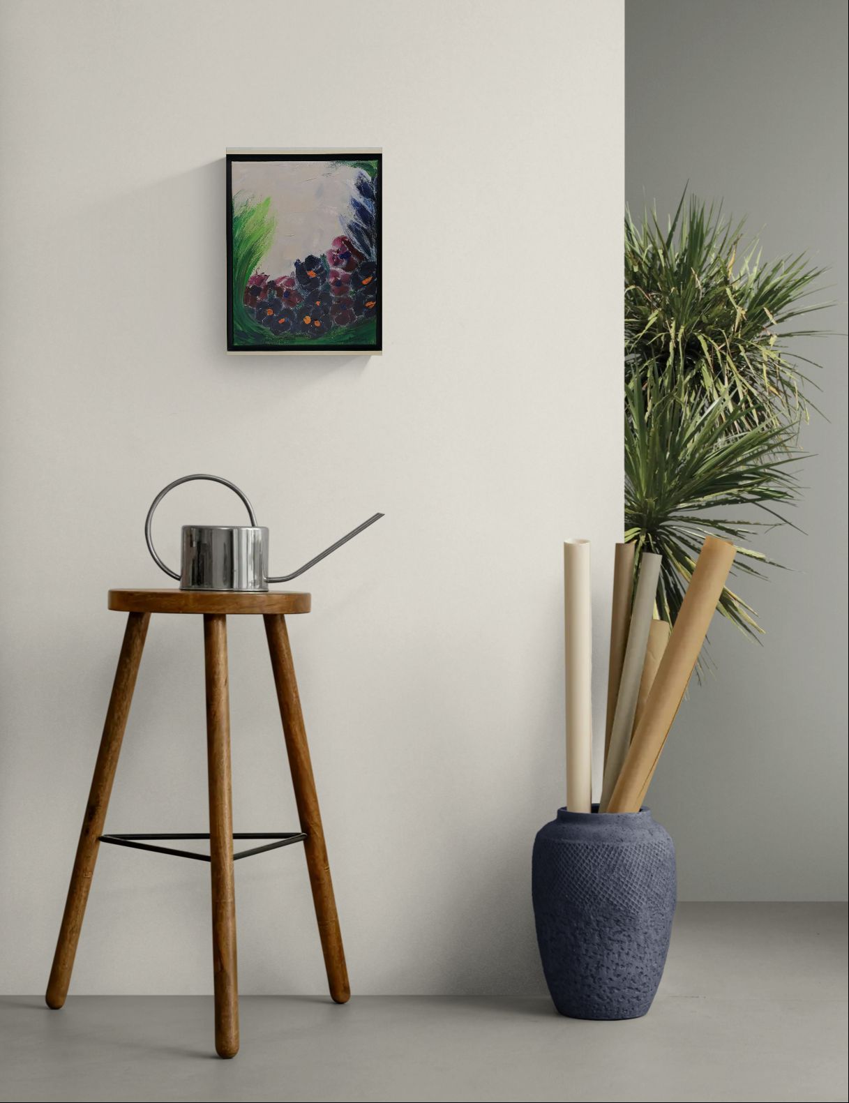 "As a Flower of the Field" original framed wall art of flowers in a field by Amanda Craig, Little Haven Art Studio, hanging above wooden stool and jar.