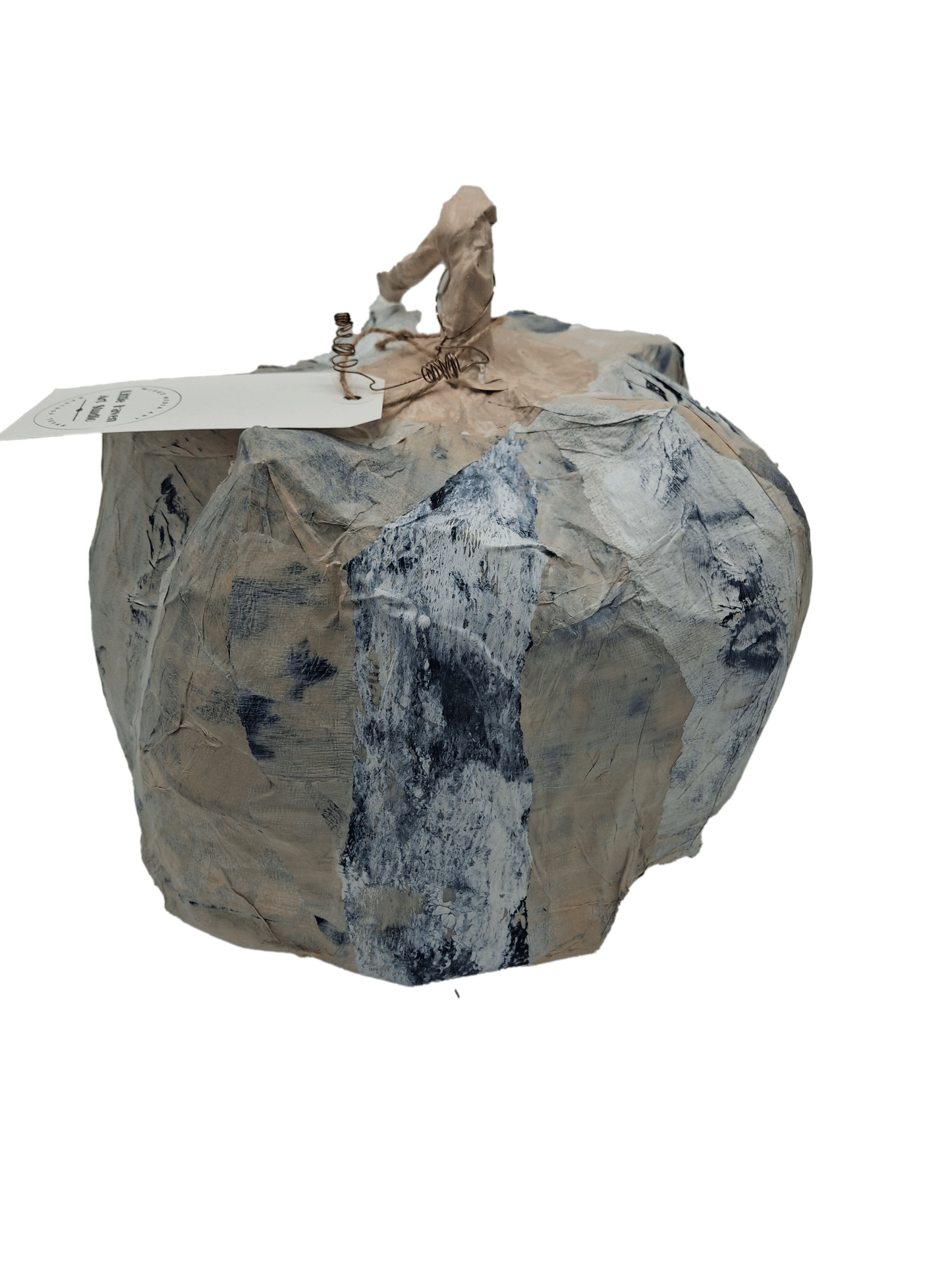 Original mixed media pumpkin seasonal art decor by Little Haven Art Studio in beige, blue, white. By artist Amanda Craig.