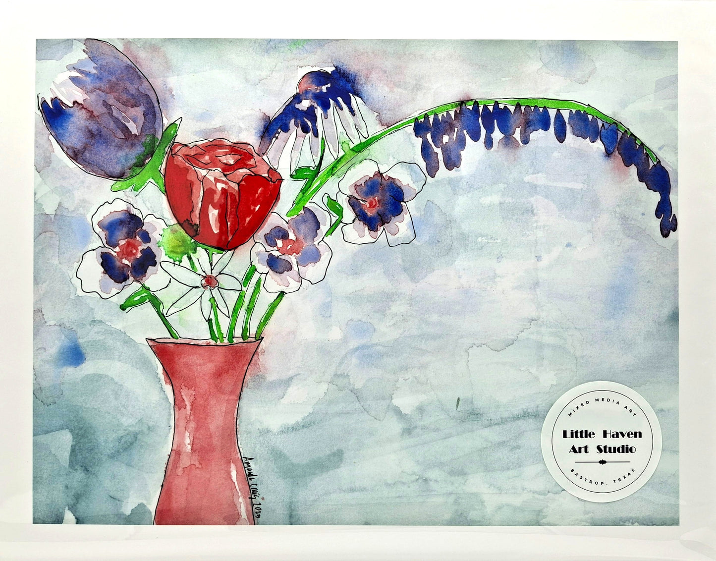 Print of mixed media art featuring loose watercolor of red and blue flowers in a red vase. By artist, Amanda Craig.