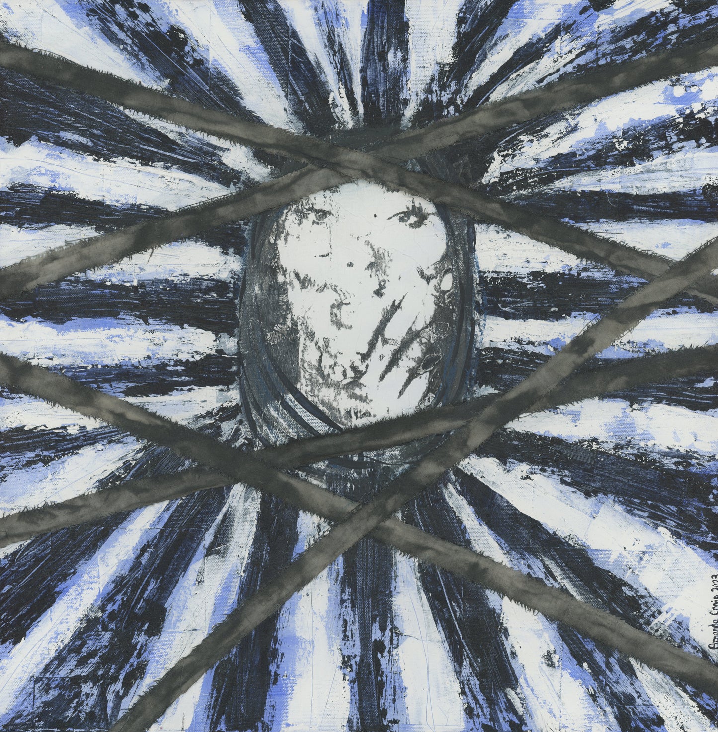 Original meditative blue abstract mixed media art, Fighting for Freedom by Amanda Craig, in dark blue, light blue, black, white and depicting a face with hand over mouth.
