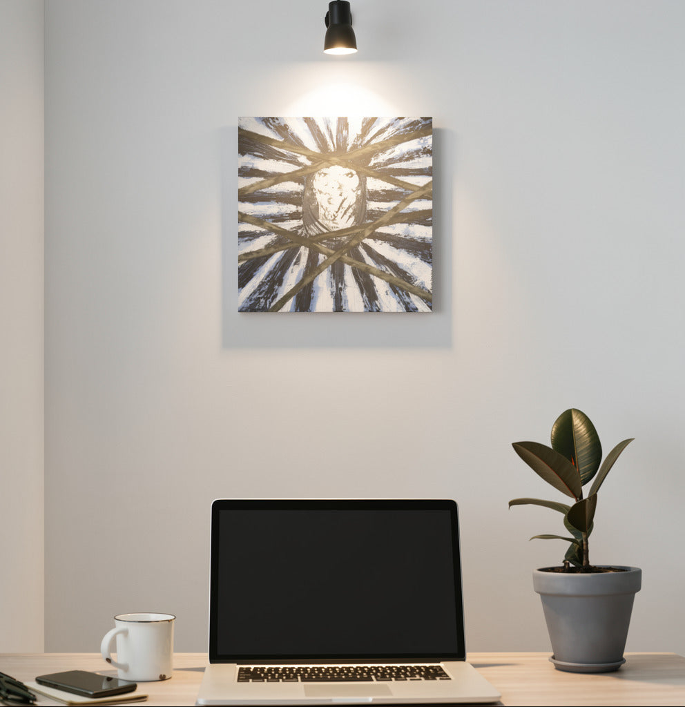 Original meditative blue abstract wall art, titled "Fighting for Freedom" by Little Haven Art Studio, in dark blue, light blue, black, white and depicting a silenced face with hand over mouth in office above desk with spotlight.