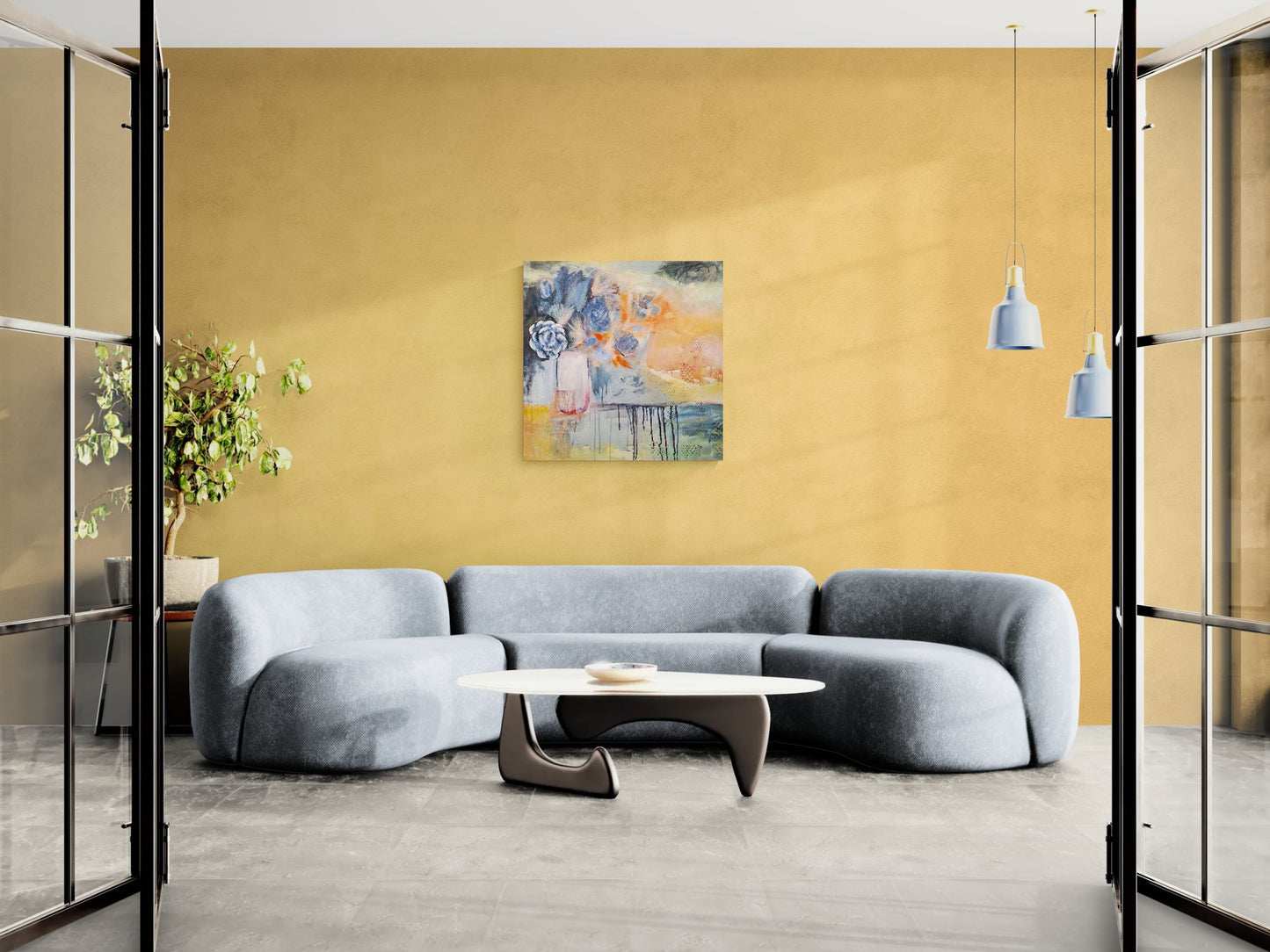 "Finding Joy" bright wall art in blue, orange, red, teal, and pink, in retro living room on orange wall above grey sofa, by Amanda Craig of Little Haven Art Studio.