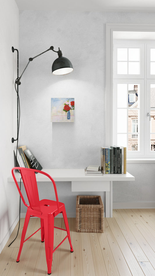 Original mixed media art by Little Haven Art Studio depicting romantic roses in pink, red, and blue hanging in a minimalist office.
