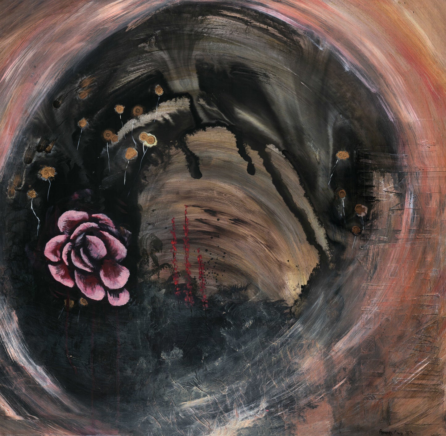 Abstract original mixed media painting by Little Haven Art Studio with a pink flower, gold dandelions, and swirling background.