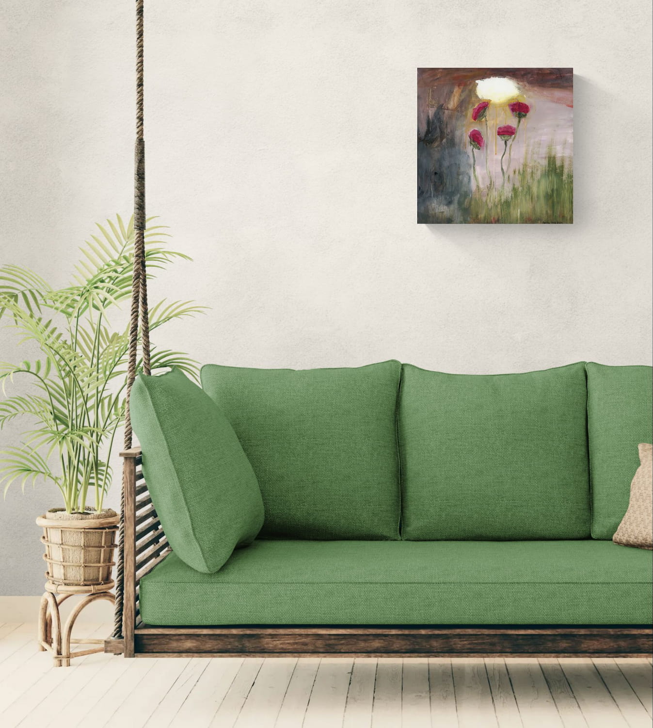 Original pink impressionism wall art, Golden Splendor by Amanda Craig, of pink flowers under a rainy sky with an illuminated cloud, hanging on wall above green swinging sofa.