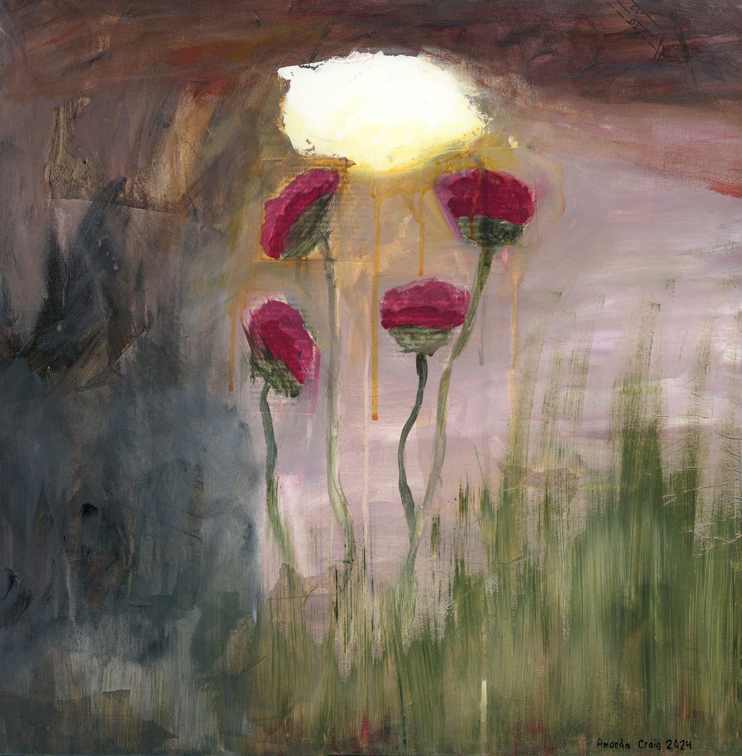 Original landscape mixed media art. Flowers under a rainy sky. By Amanda Craig.