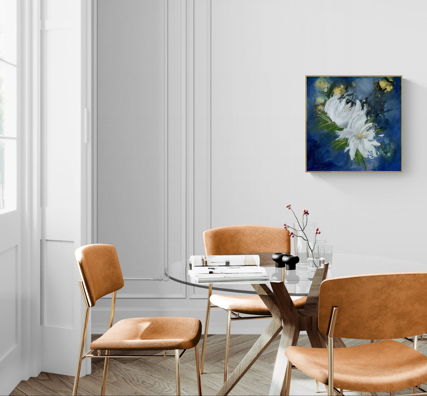 Original floral mixed media painting titled, "Magnify Together," by Amanda Craig of Little Haven Art Studio, hanging on wall in stylish dining room.