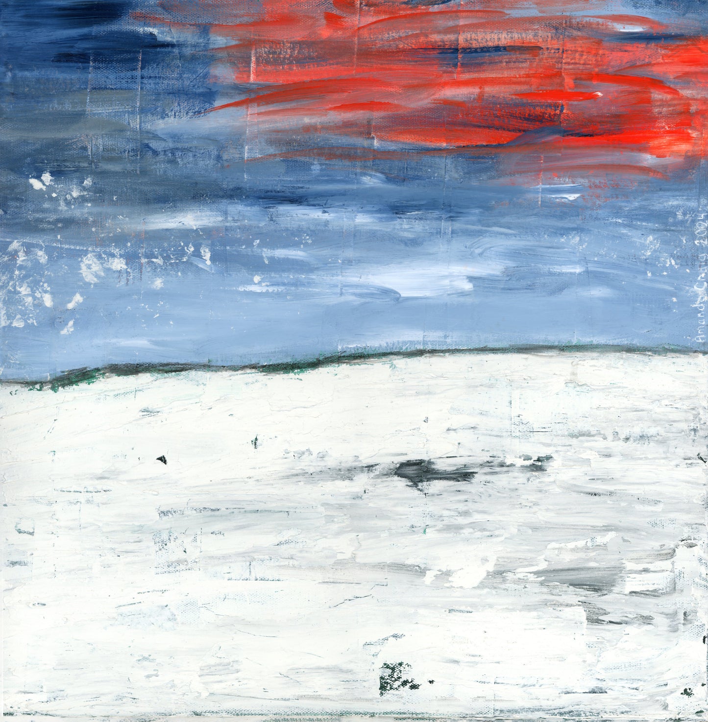 Abstract original art landscape painting with red and blue brush strokes and plaster elements.