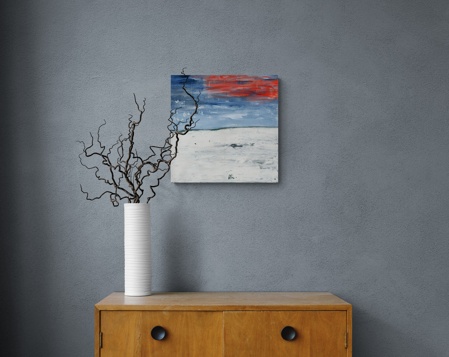 Abstract original art landscape painting with red and blue brush strokes and plaster elements.
