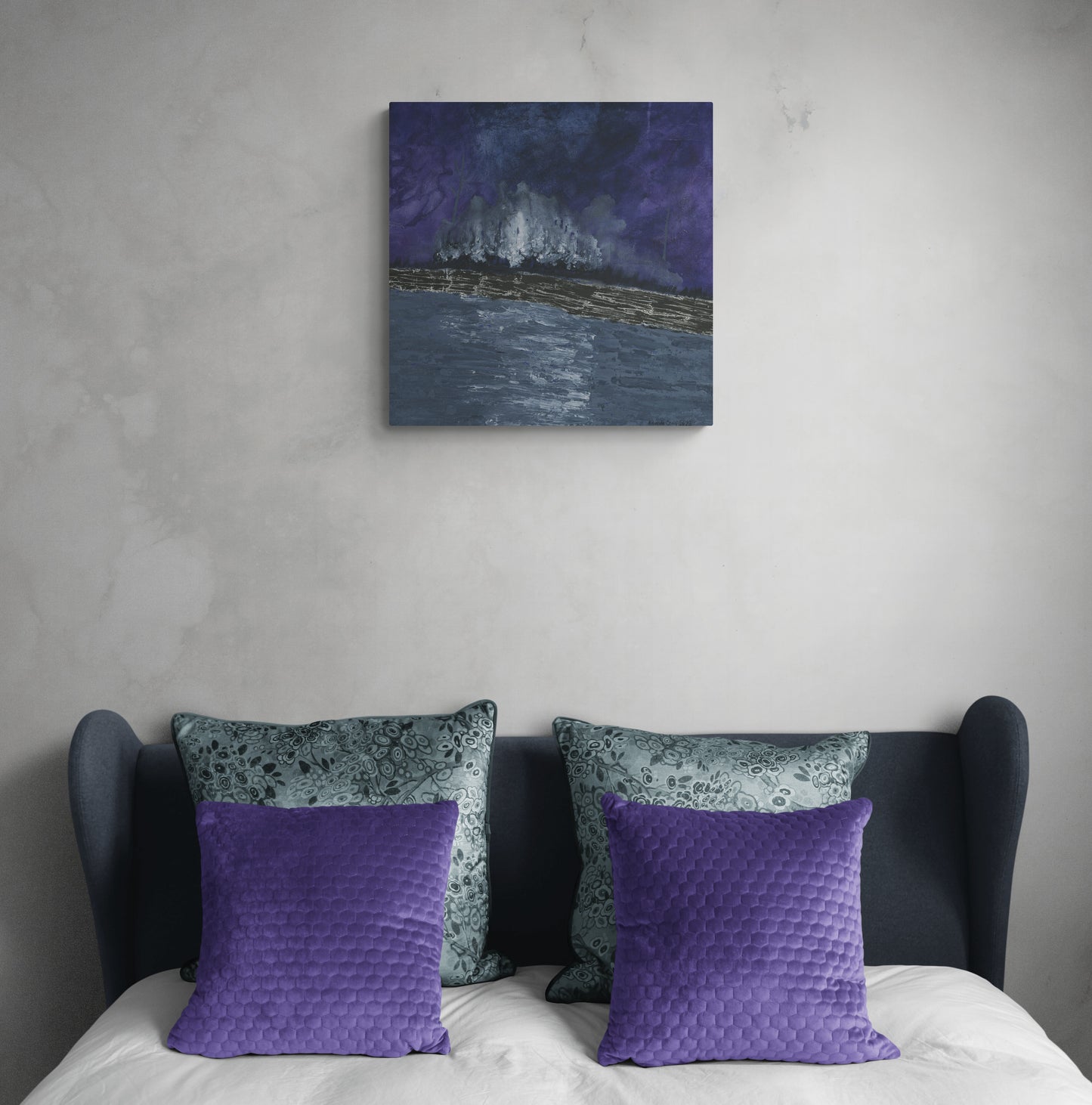 Original mixed media wall art, titled "Psalm of Deliverance" by Little Haven Art Studio, depicting moody landscape of purple, gray, and black, in bedroom.
