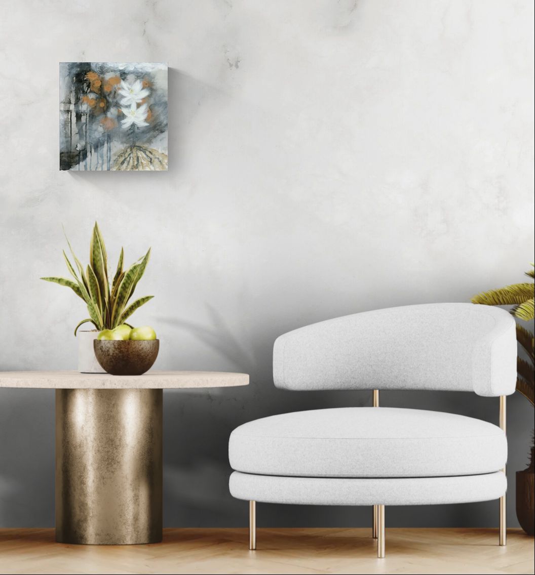 Original dreamy floral abstract impressionism mixed media art, titled "Rooted in Steadfastness," by Amanda Craig of Little Haven Art Studio in copper, black, gray, yellow, white hanging in modern living room with copper metal accents and tropical plant.