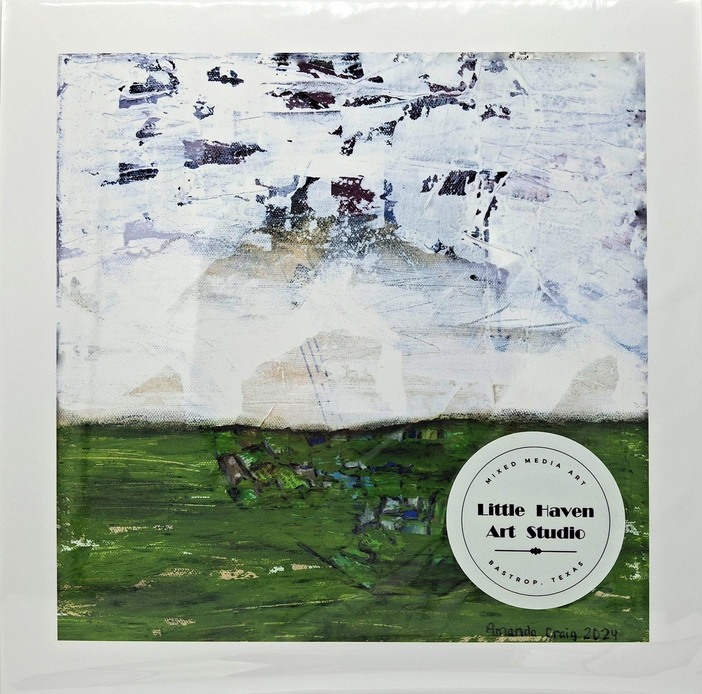 Searching for Something meditative giclee print of abstract mixed media artwork in green and white with collage by Little Haven Art Studio.