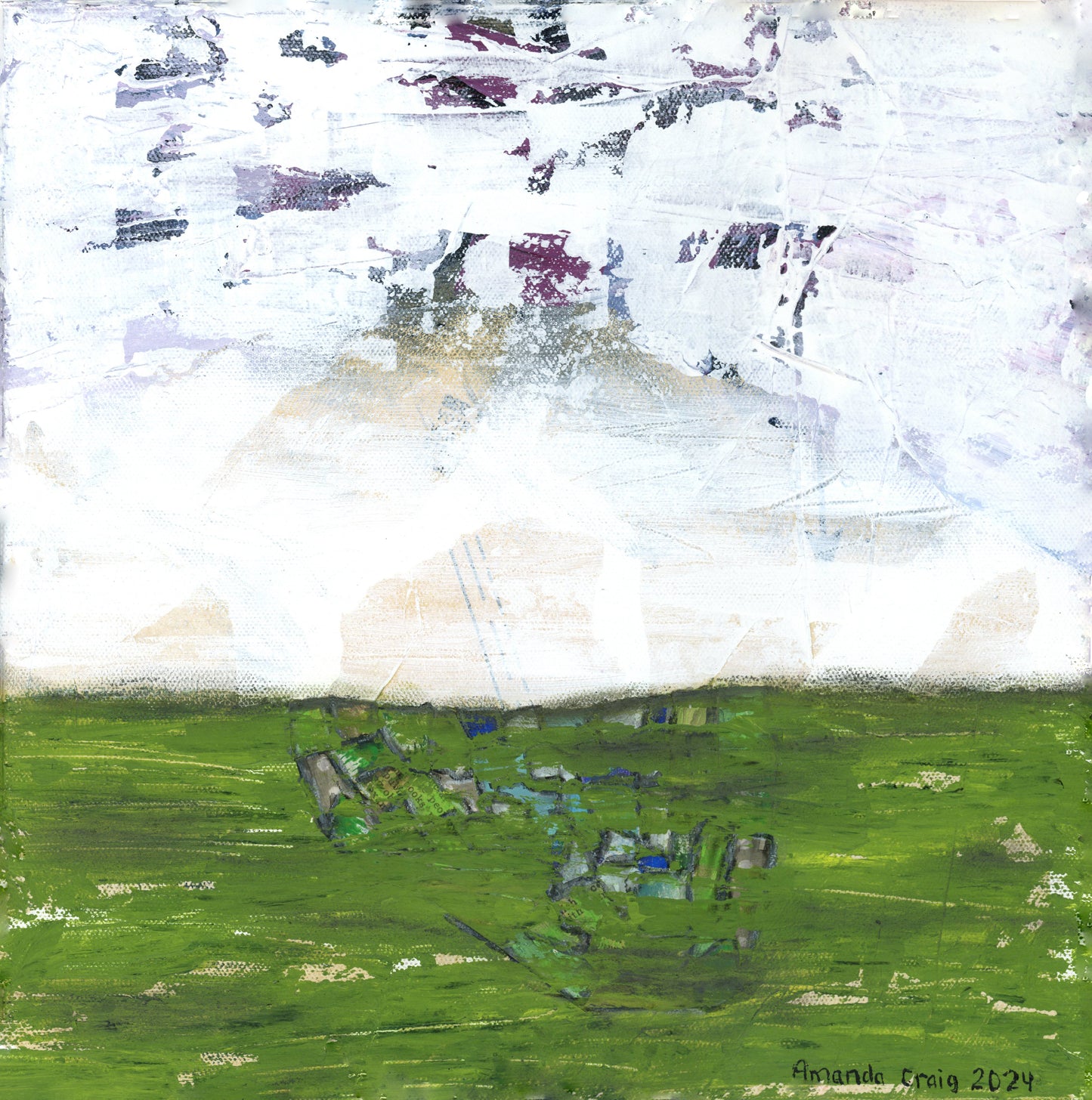 Original abstract mixed media artwork in green and white with collage by Little Haven Art Studio.