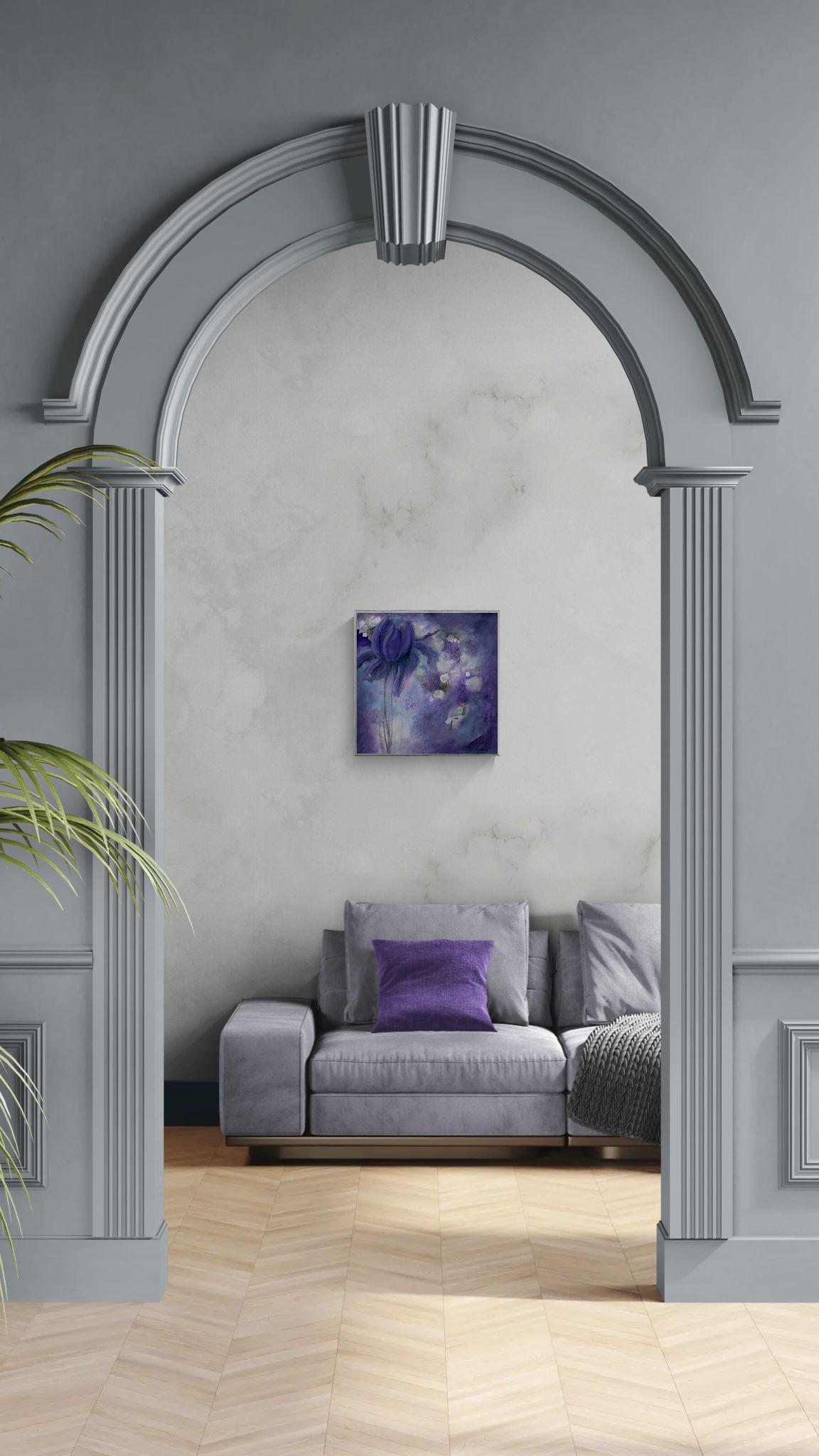 Original floral mixed media painting on abstract background titled, "Sovereignty," by Amanda Craig of Little Haven Art Studio, in amethyst purple, grey, white, and metallic silver, with silver tone floating frame hanging in living room visible through archway.