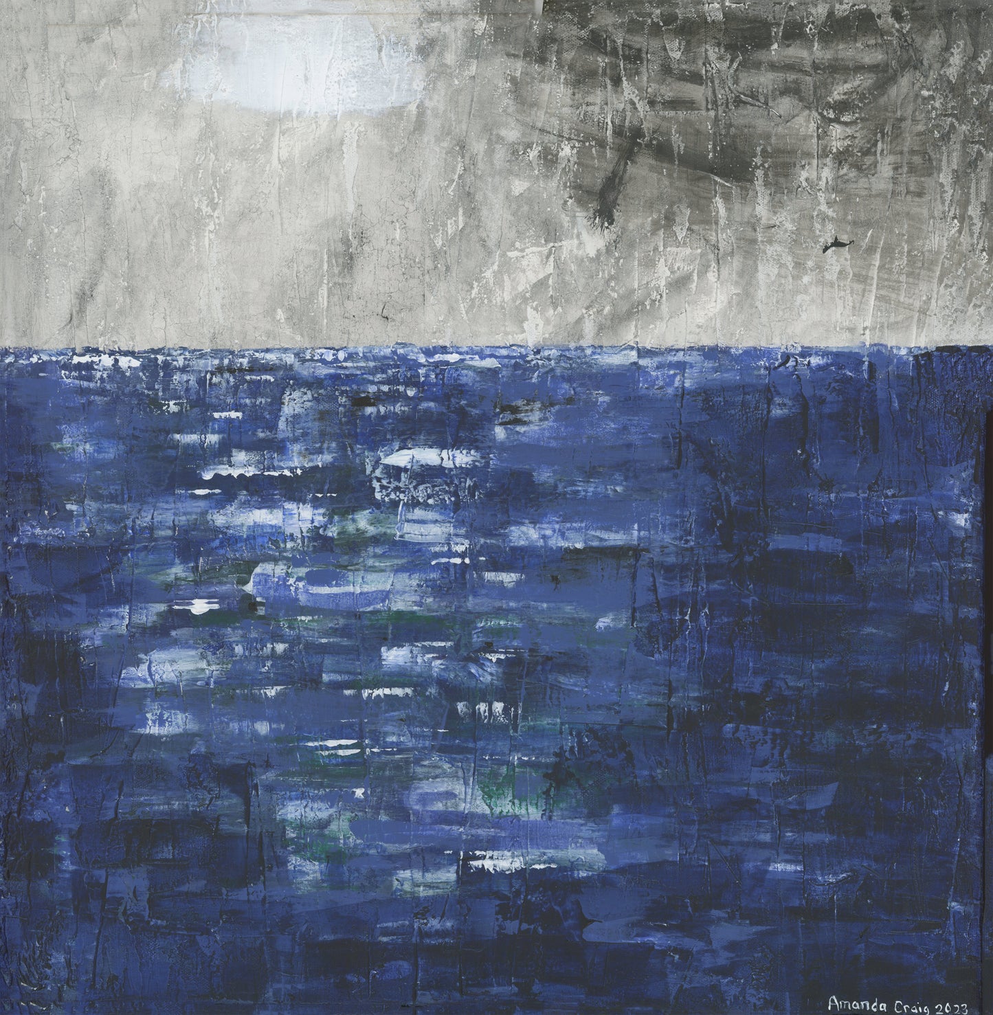 Original abstract mixed media ocean painting with blue and gray tones by Little Haven Art Studio.