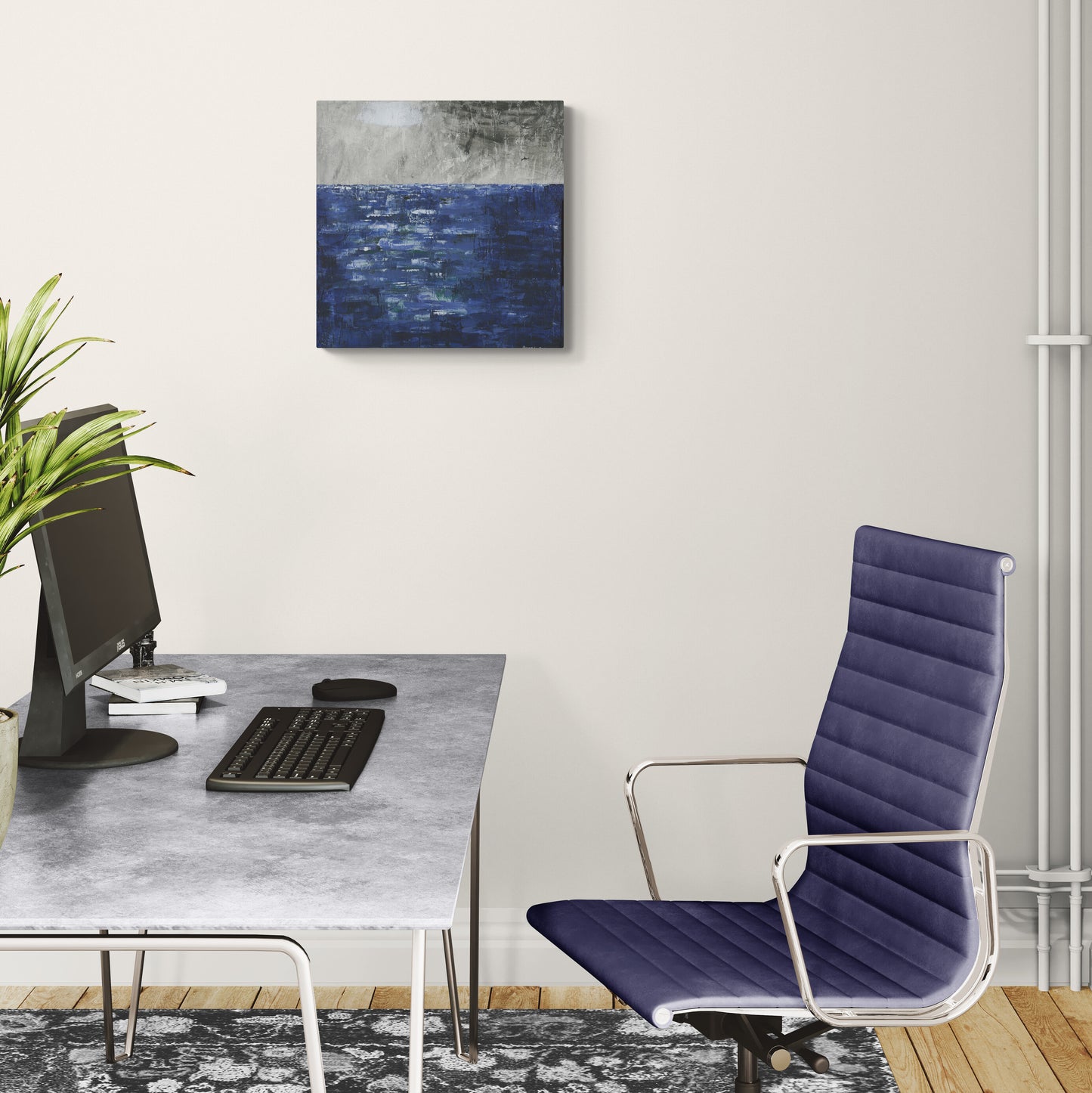 Original abstract mixed media ocean painting with blue and gray tones by Little Haven Art Studio.