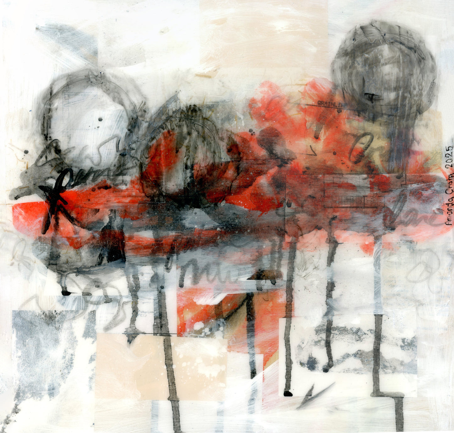 Abstract original mixed media artwork with red, black, and gray elements, and a wax-style effect applied, on a wood substrate.