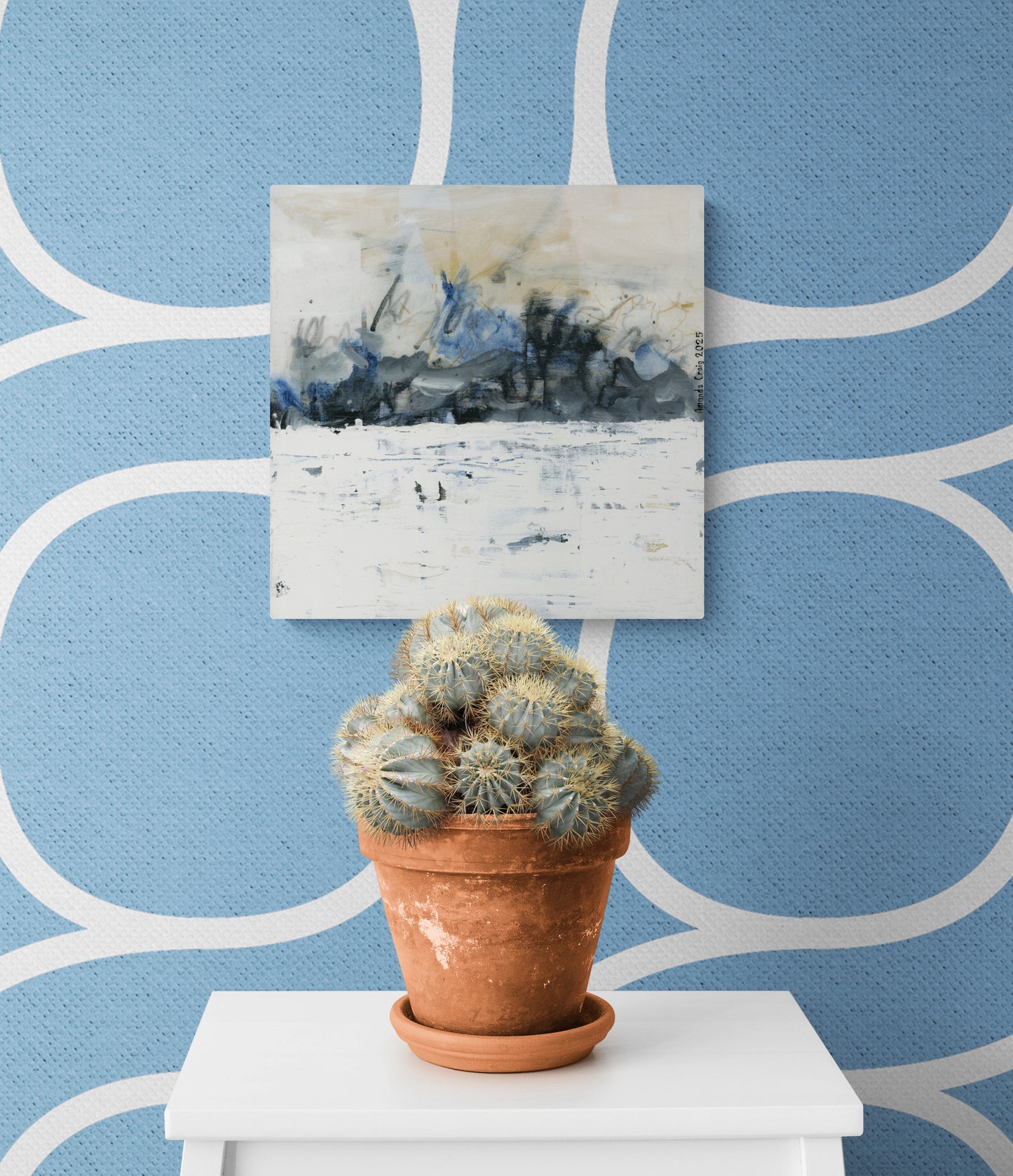Abstract original mixed media art piece in blue, black, white acrylic, with vintage paper and plaster elements, on a wood base.