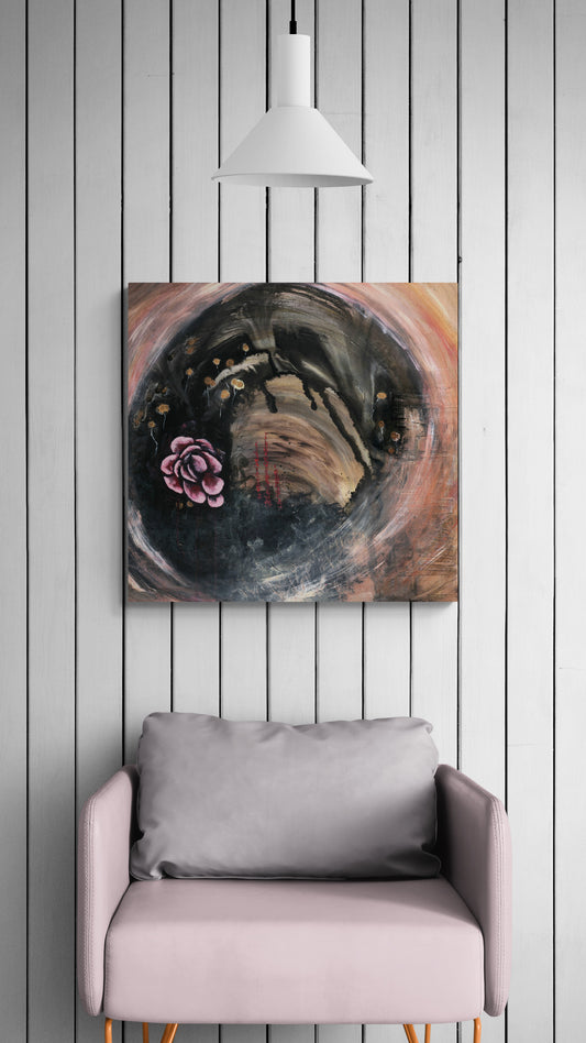 Abstract original mixed media painting by Little Haven Art Studio with a pink flower, gold dandelions, and swirling background.