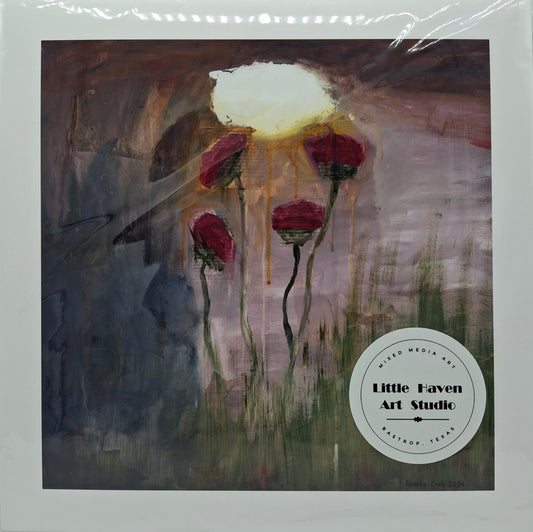 Print of landscape mixed media art. Flowers under a rainy sky. By Amanda Craig of Little Haven Art Studio.