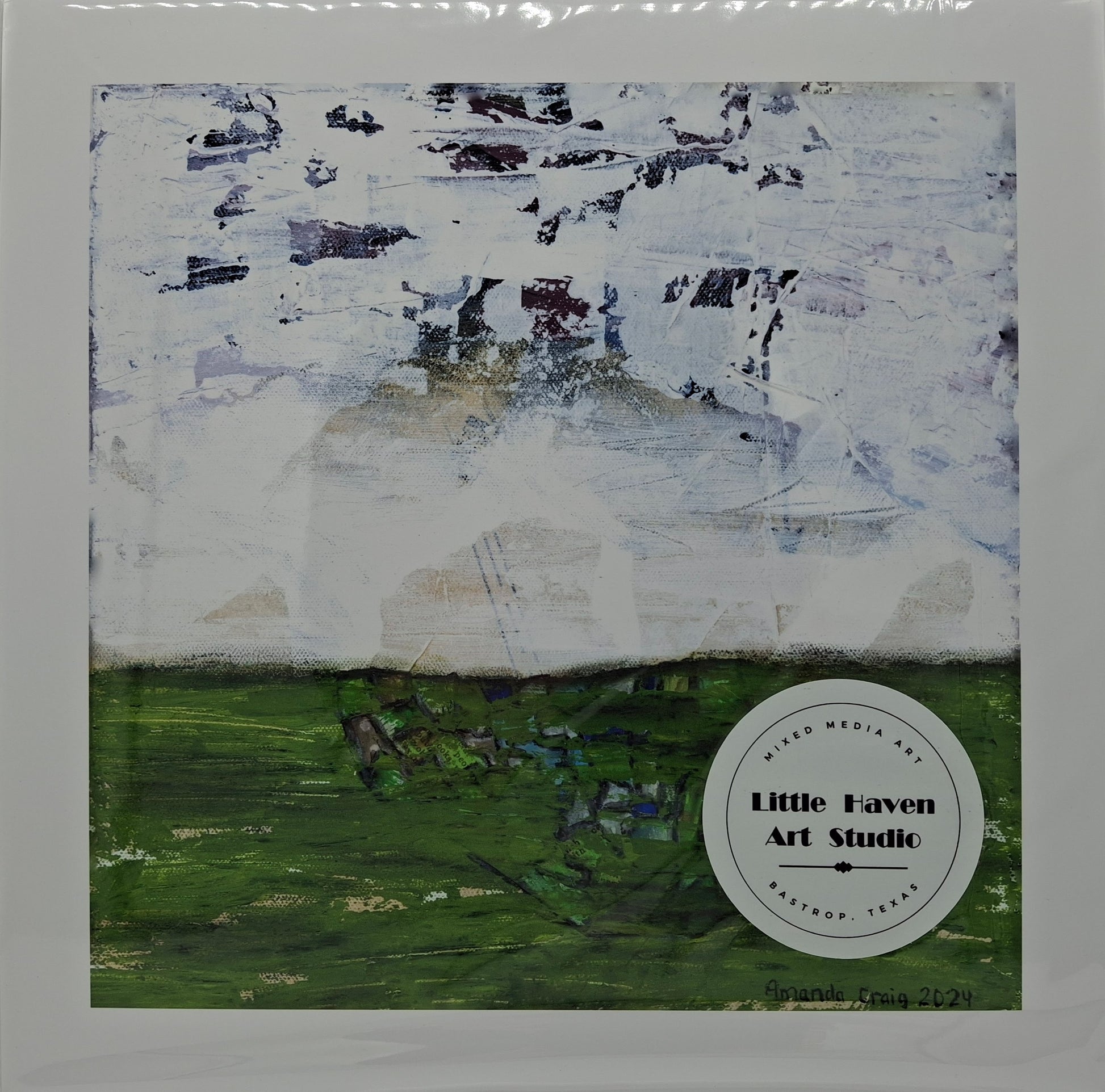 Print of abstract mixed media artwork in green and white with collage by Little Haven Art Studio. 