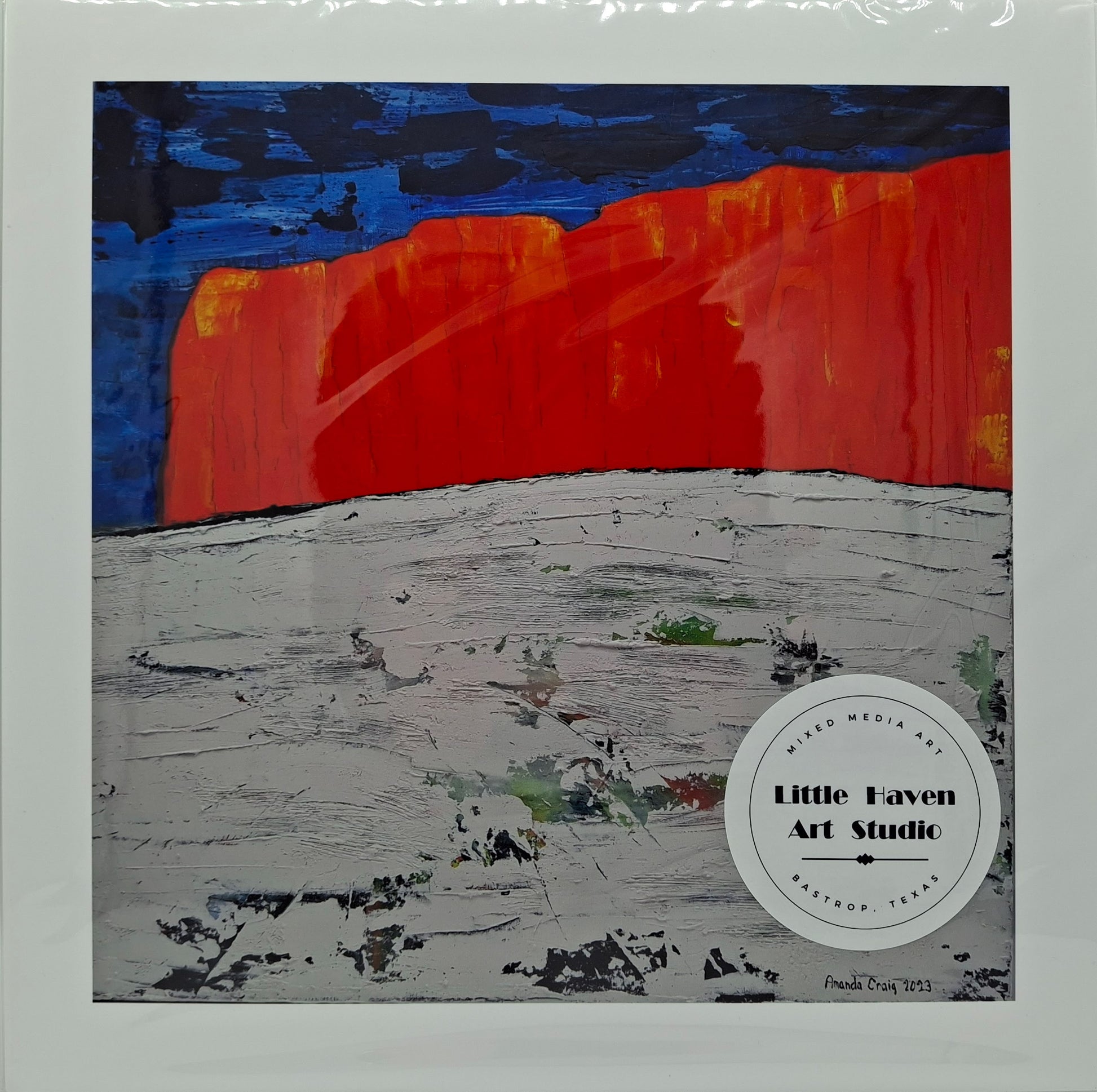 Print of mixed media art featuring red hill in Tahitian Village of Bastrop, TX by Amanda Craig, Little Haven Art Studio.