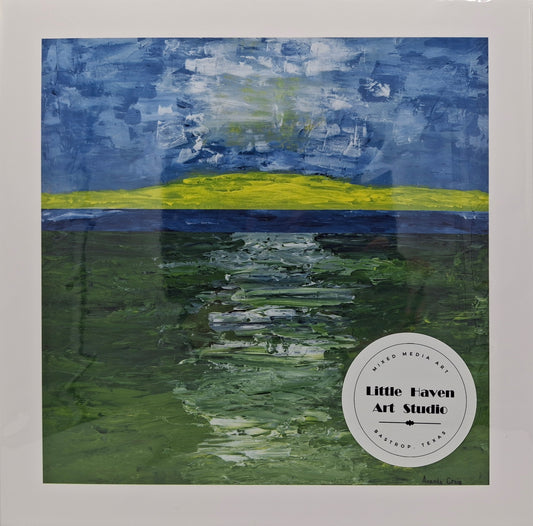 Print of mixed media art of abstract landscape of path through field and water by Amanda Craig, Little Haven Art Studio.