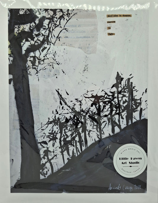 Print of abstract mixed media in black and white of pine trees on a hill by Little Haven Art Studio. 