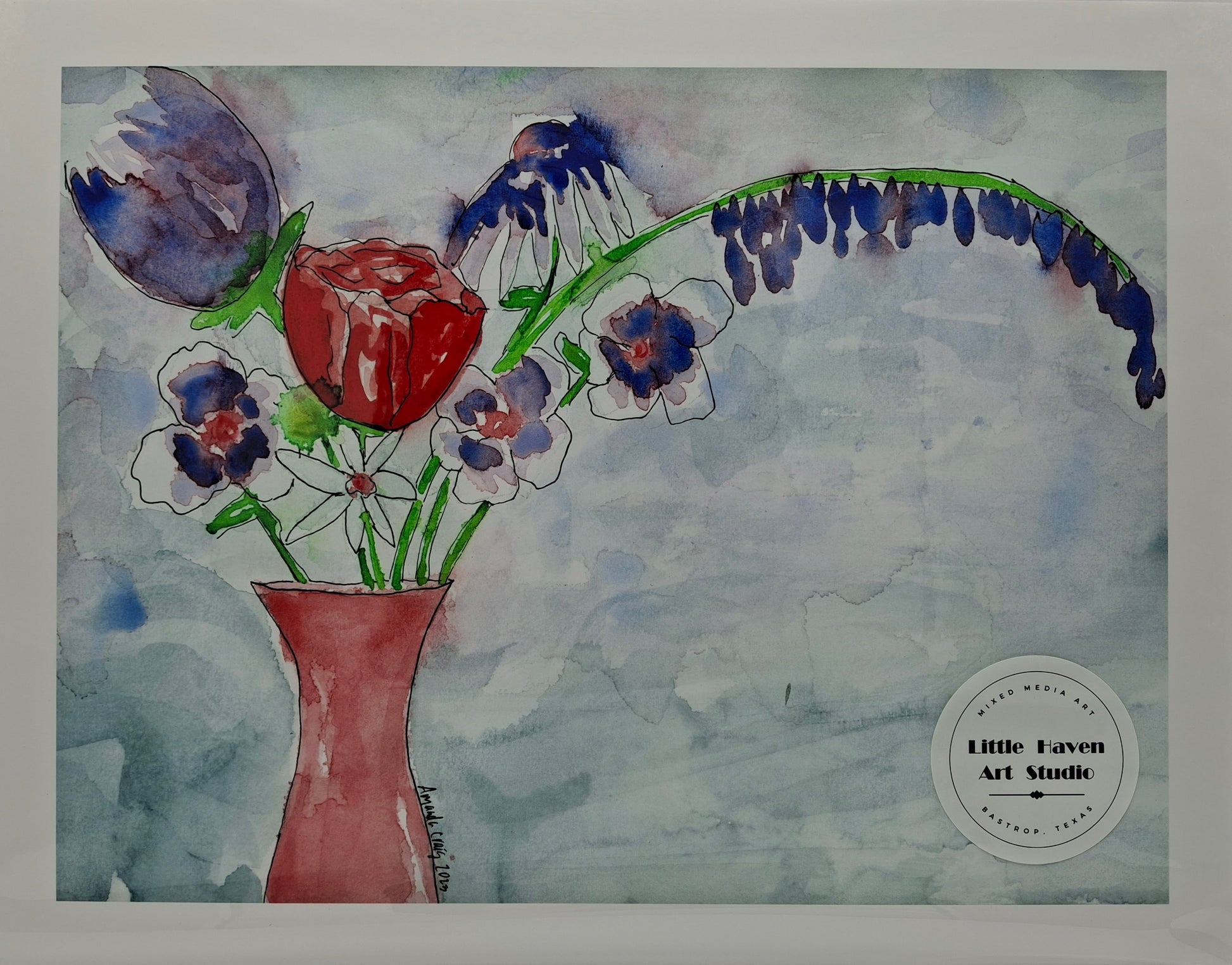 Print of mixed media art featuring loose watercolor of red and blue flowers in a red vase. By artist, Amanda Craig.