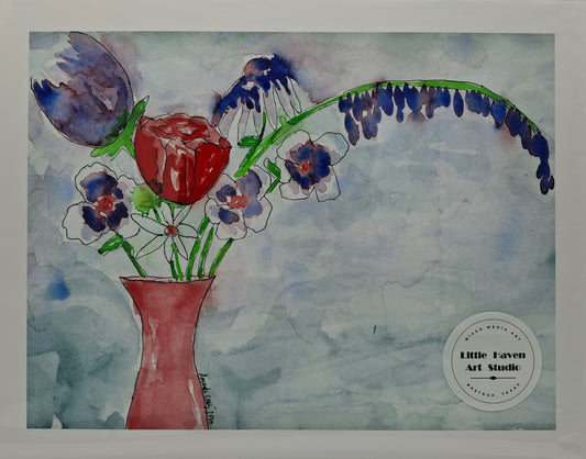 Print of mixed media art featuring loose watercolor of red and blue flowers in a red vase. By artist, Amanda Craig.