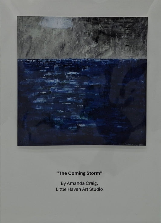 Print of abstract ocean landscape with blue and gray tones and storm approaching by Little Haven Art Studio.