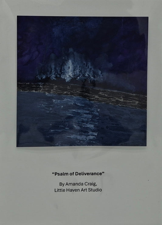 Print of mixed media art on card by Little Haven Art Studio depicting moody landscape of purple, gray, and black. By Amanda Craig.