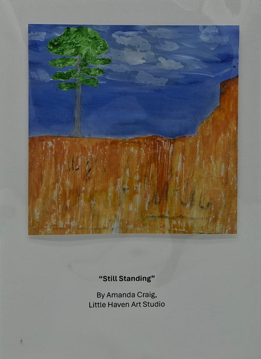 Print of mixed media art on card of tree on a red hill by Amanda Craig, Little Haven Art Studio.