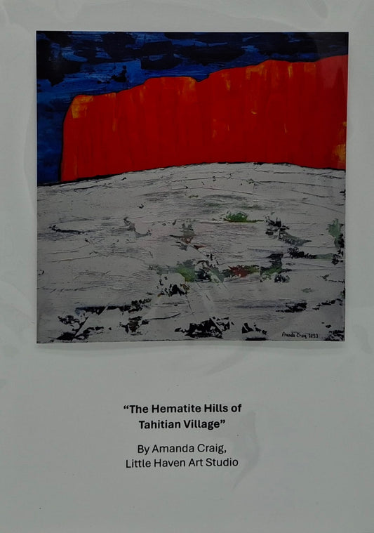 Print of mixed media art on card featuring red hill in Tahitian Village of Bastrop, TX by Amanda Craig, Little Haven Art Studio.