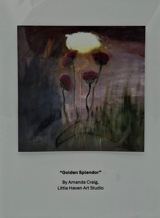 Print of landscape mixed media art on card. Pink flowers under a rainy sky. By Amanda Craig of Little Haven Art Studio.