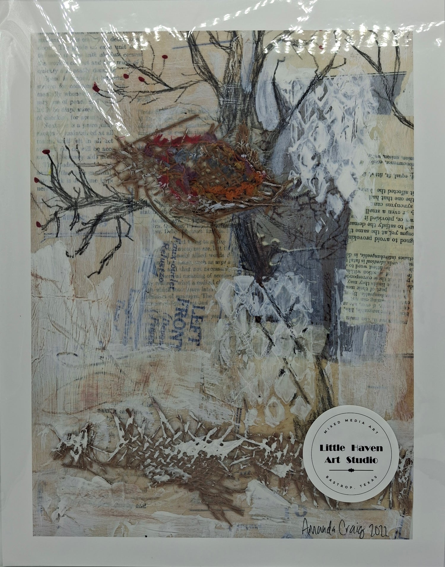 Print of abstract image of bird's nest in a tree in brown, red, and white, by Little Haven Art Studio. 