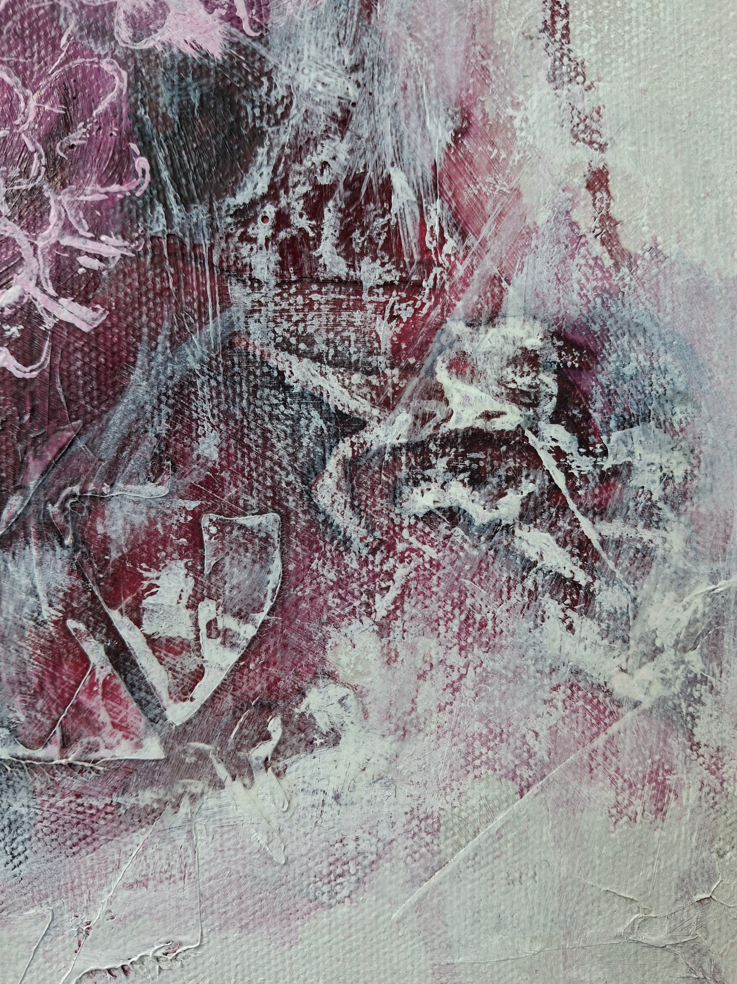 Closeup of dreamy original wine floral abstract impressionism mixed media art by Amanda Craig in wine, berry, pink, white.