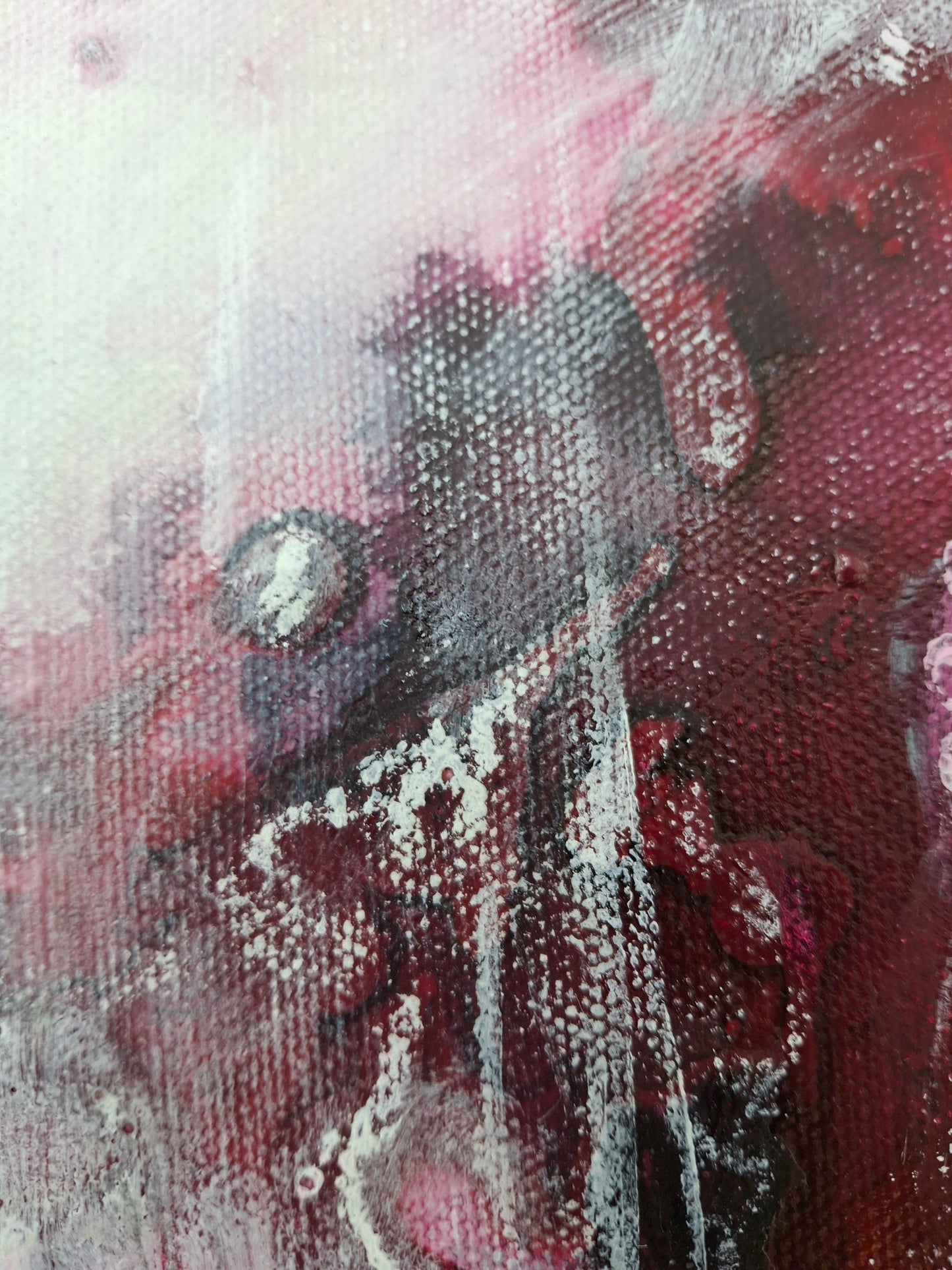 Detail of dreamy original wine floral abstract impressionism mixed media art by Amanda Craig in wine, berry, pink, white.