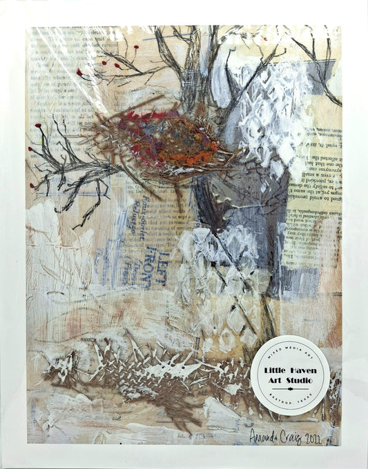 Print of abstract image of bird's nest in a tree in brown, red, and white, titled A Safe Place to Land, by Little Haven Art Studio. 