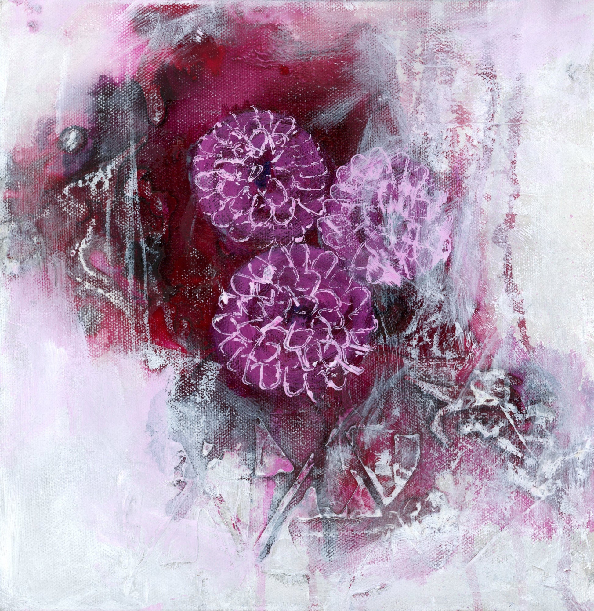 Original floral abstract realism mixed media art by Little Haven Art Studio in wine, berry, pink, white. By Amanda Craig.