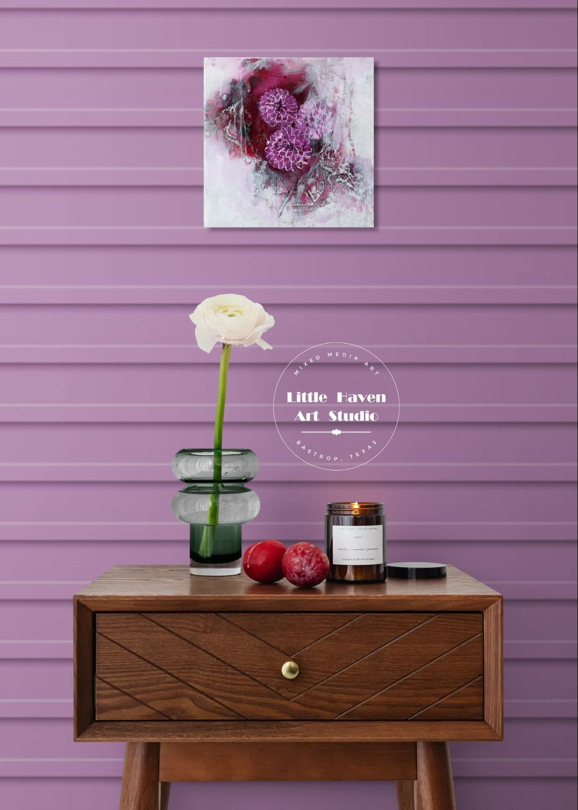 Original floral abstract realism mixed media art in wine, berry, pink, white, in purple room setting, by Little Haven Art Studio. By Amanda Craig.