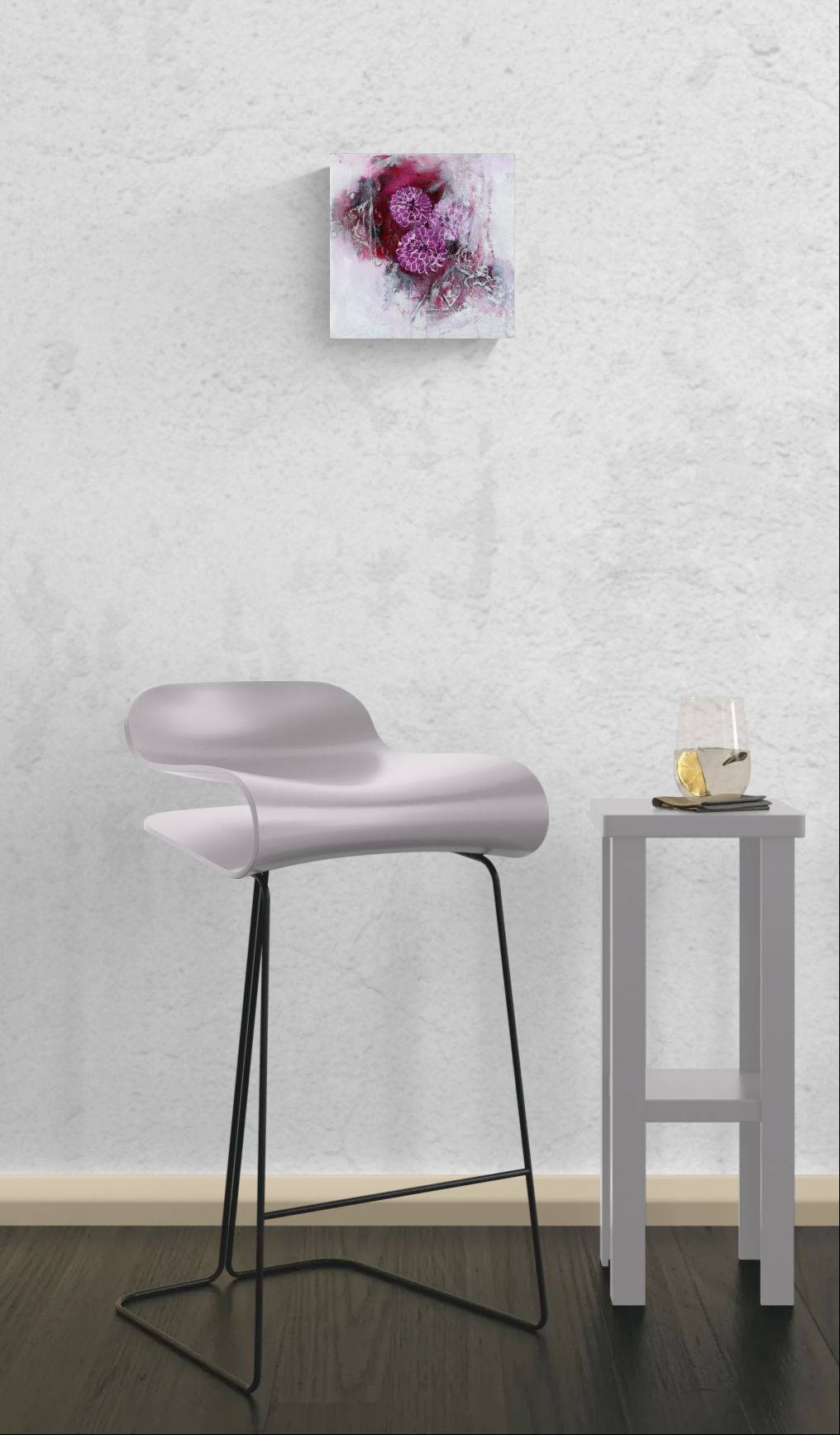 Dreamy original wine floral abstract impressionism mixed media art by Amanda Craig in wine, berry, pink, white hanging on wall next to bar stool and table.