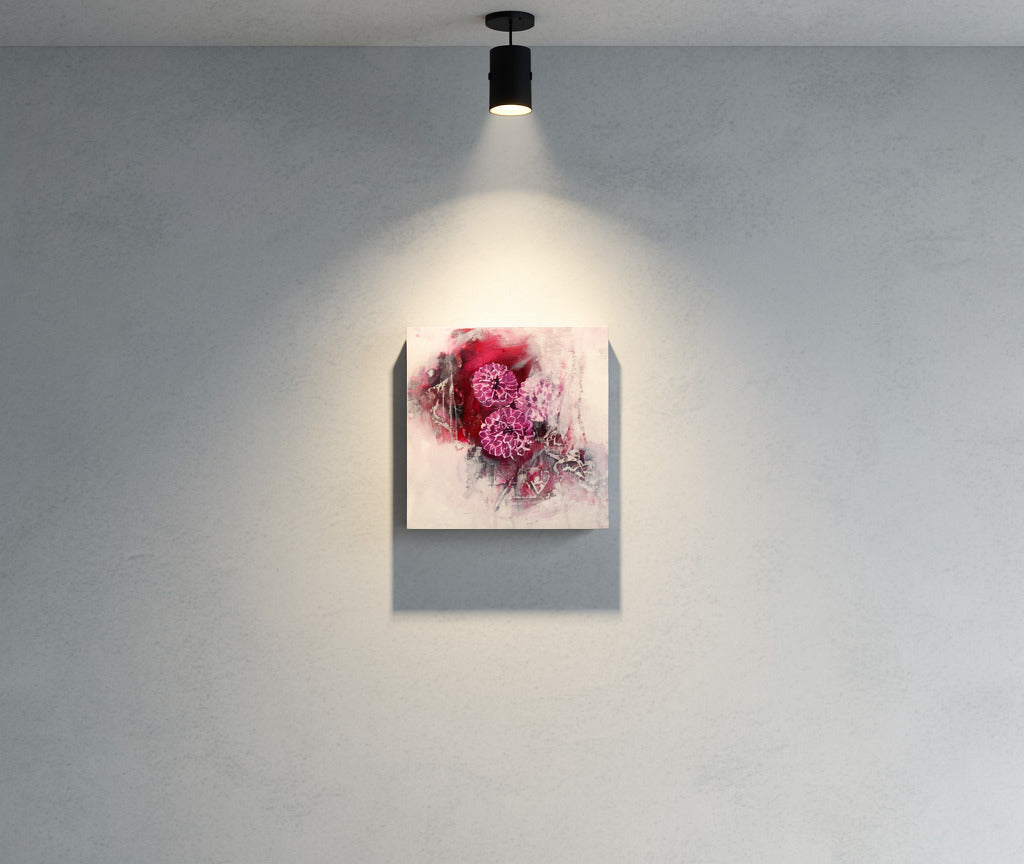 Dreamy original wine floral abstract impressionism mixed media art by Amanda Craig in wine, berry, pink, white hanging on wall under spotlight.